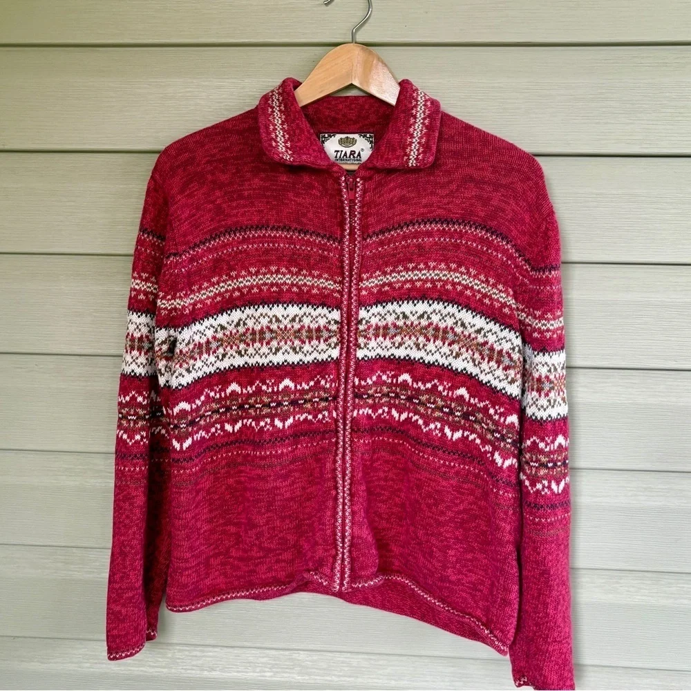 TIARA INTERNATIONAL holiday fair isle zip up sweater cottage vintage 2002 M